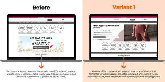 Before and After images showing changes to the above the fold on homepage