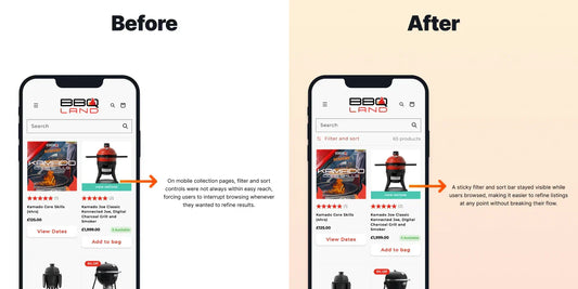 Two mobile devices side by side, showing the before and after of an A/B test on an ecommerce site selling BBQs