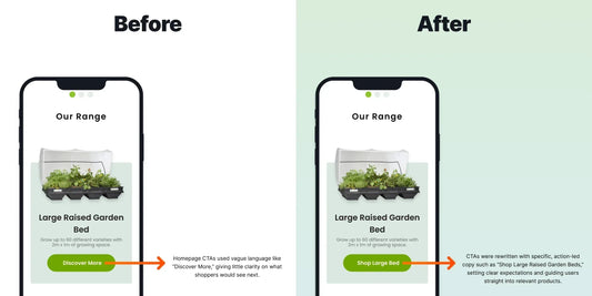 Before and after displaying the Vegepod Homepage CTA clarity a/b test