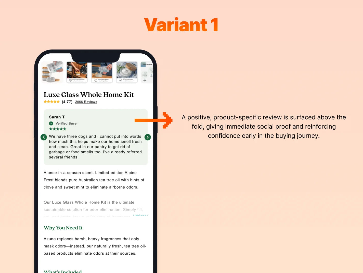 Phone screen displaying a product listing with a positive review above the fold on a pink background.