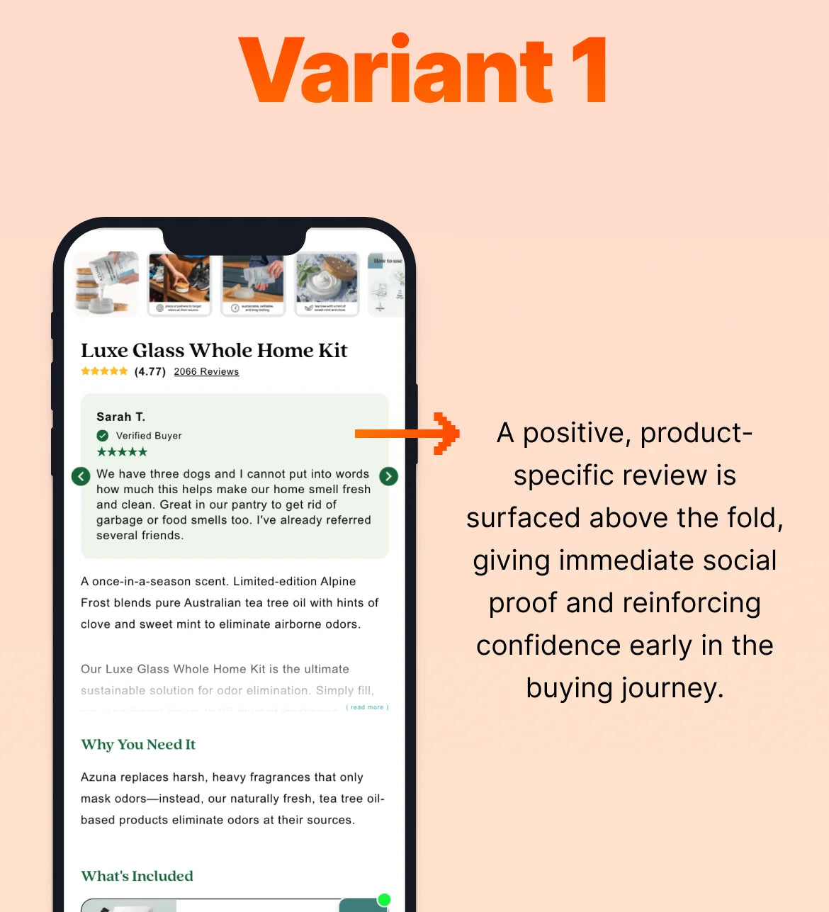Smartphone displaying a product listing with a positive review above the fold on a peach background.