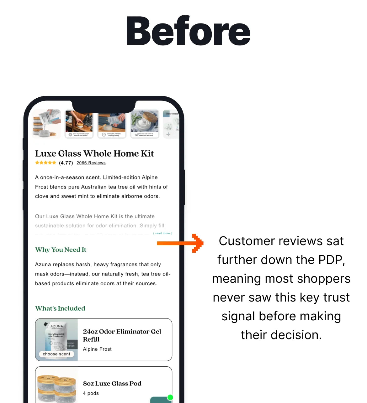 Phone screen displaying a product page with customer reviews at the bottom, labeled 'Before'.