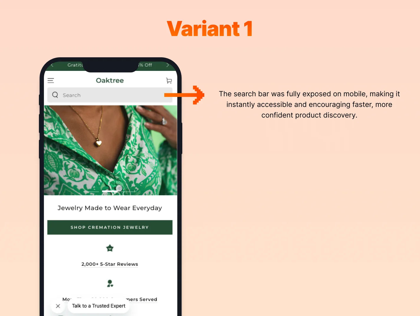 Smartphone displaying a jewelry app with a search bar on a peach background