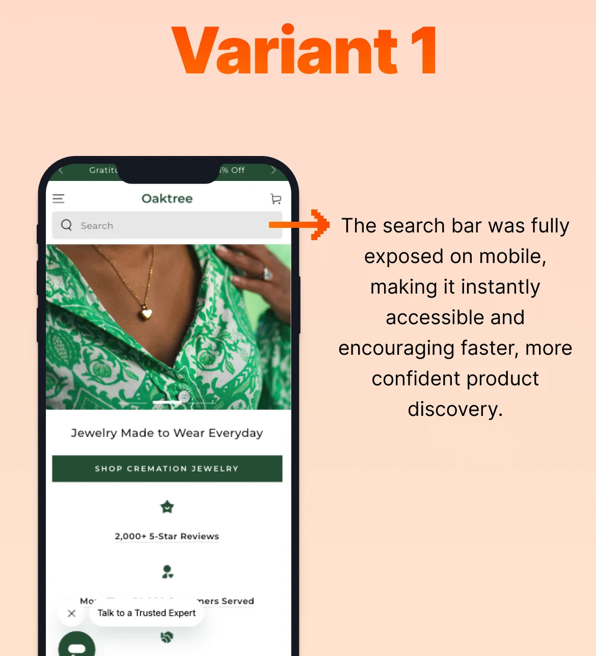 Smartphone displaying a jewelry website with a search bar on a peach background, labeled 'Variant 1'.