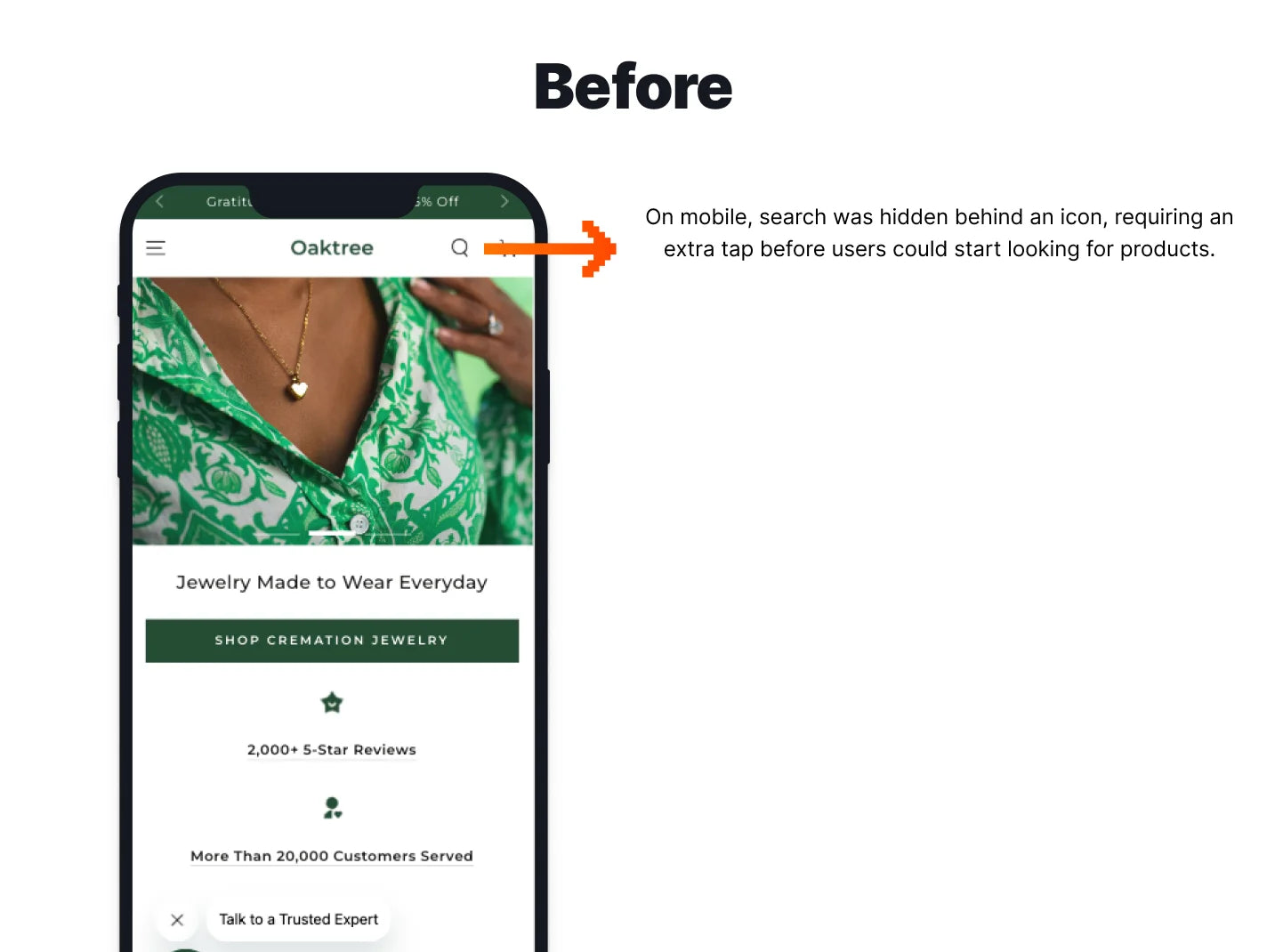 Phone screen showing a jewelry app with search icon highlighted and text explaining current issue.