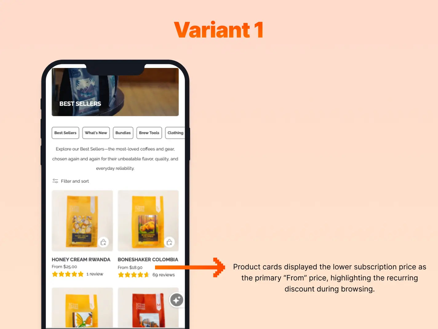 Smart phone screen showing coffee website menu - this is variant 1 in a CRO A/B test by Blend Commerce