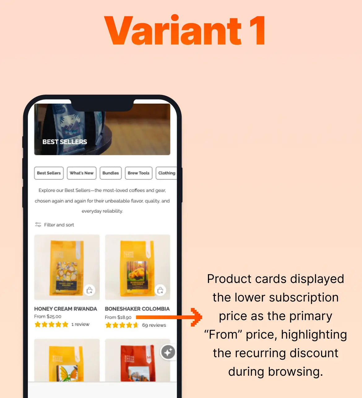 Phone screen displaying product cards from an ecommerce website with subscription pricing on a peach background