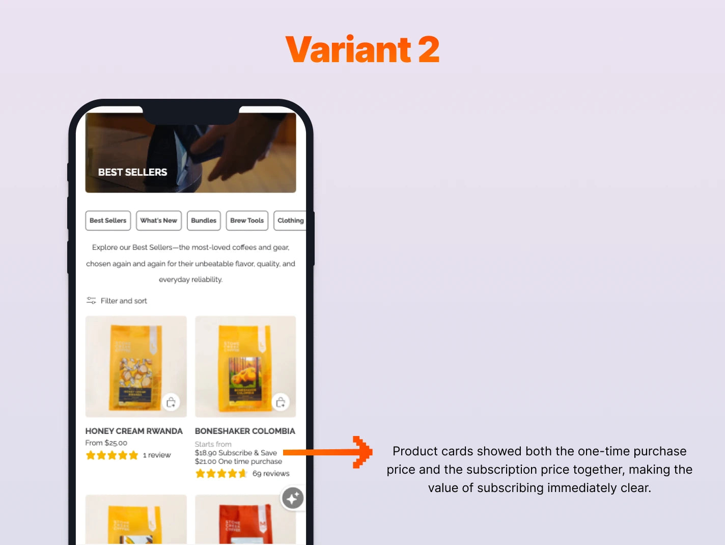 Smartphone displaying an e-commerce website with product cards showing purchase and subscription prices.