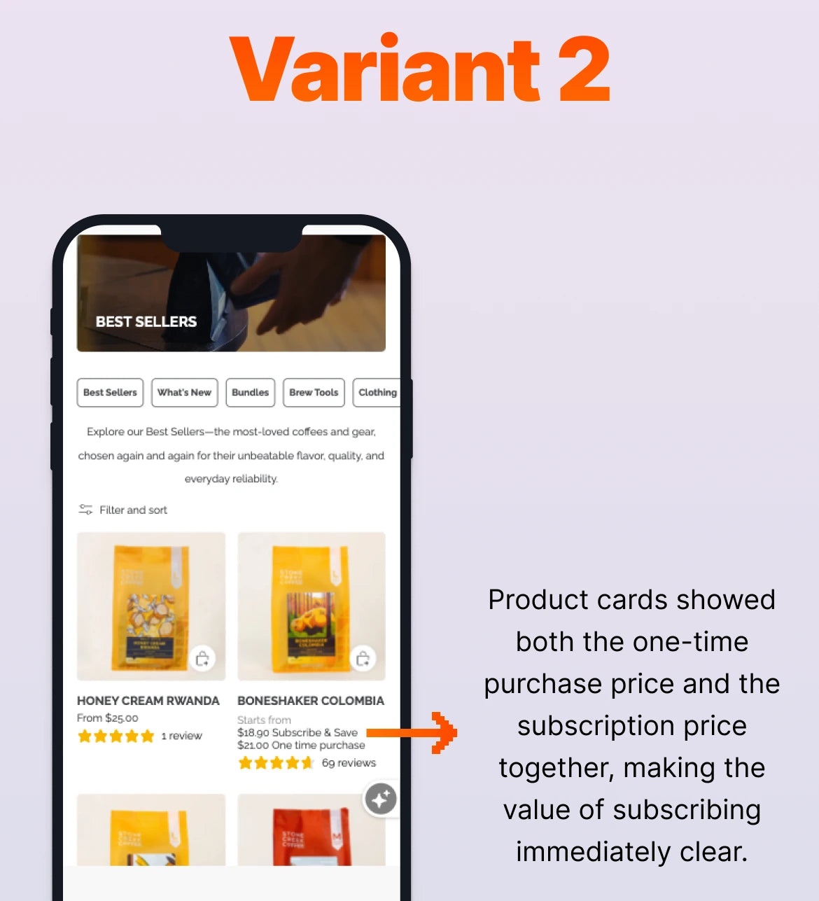 Smartphone displaying a coffee product website with 'Variant 2' text at the top, illustrating its role in an A/B test for conversion rate optimisation