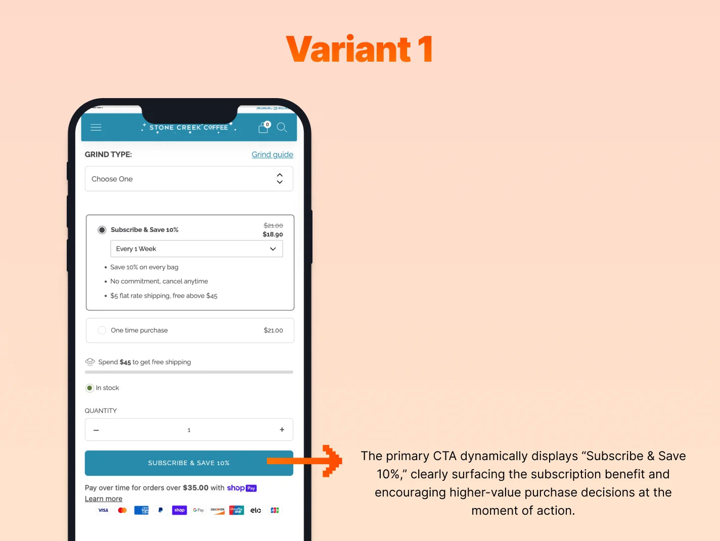 Phone screen displaying a subscription offer with a clear call-to-action on a peach background