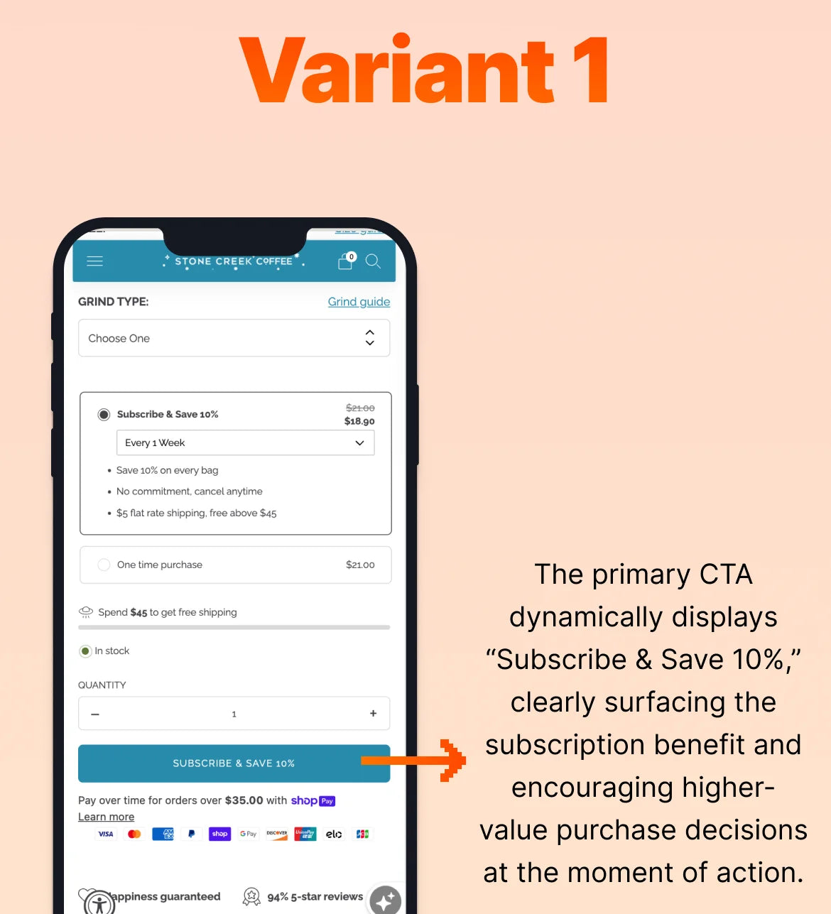 Phone screen displaying a subscription offer with 'Subscribe & Save 10%' text on a peach background.
