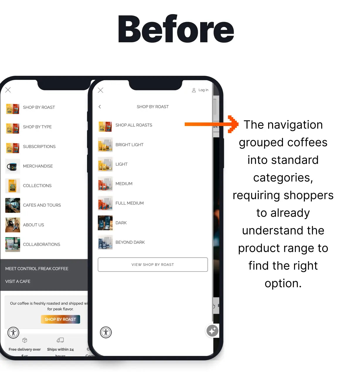 Phone screen showing coffee shop website navigation with text explaining current categorization.