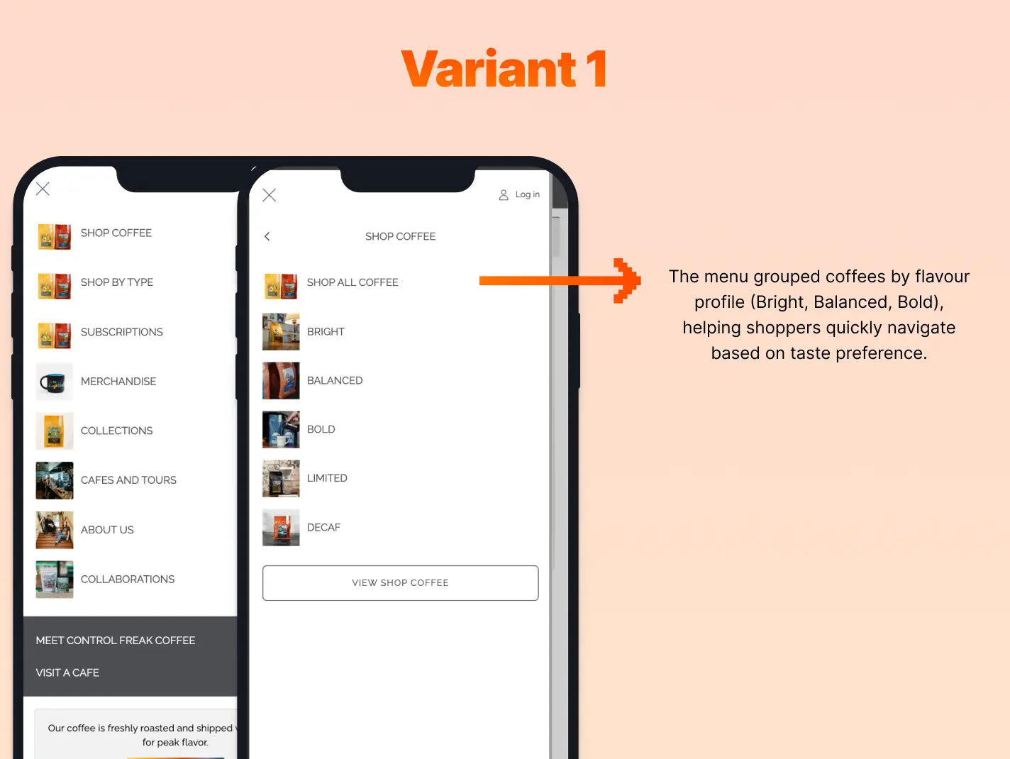 Phone screen showing changes made in a CRO A/B test on a coffee ecommerce website