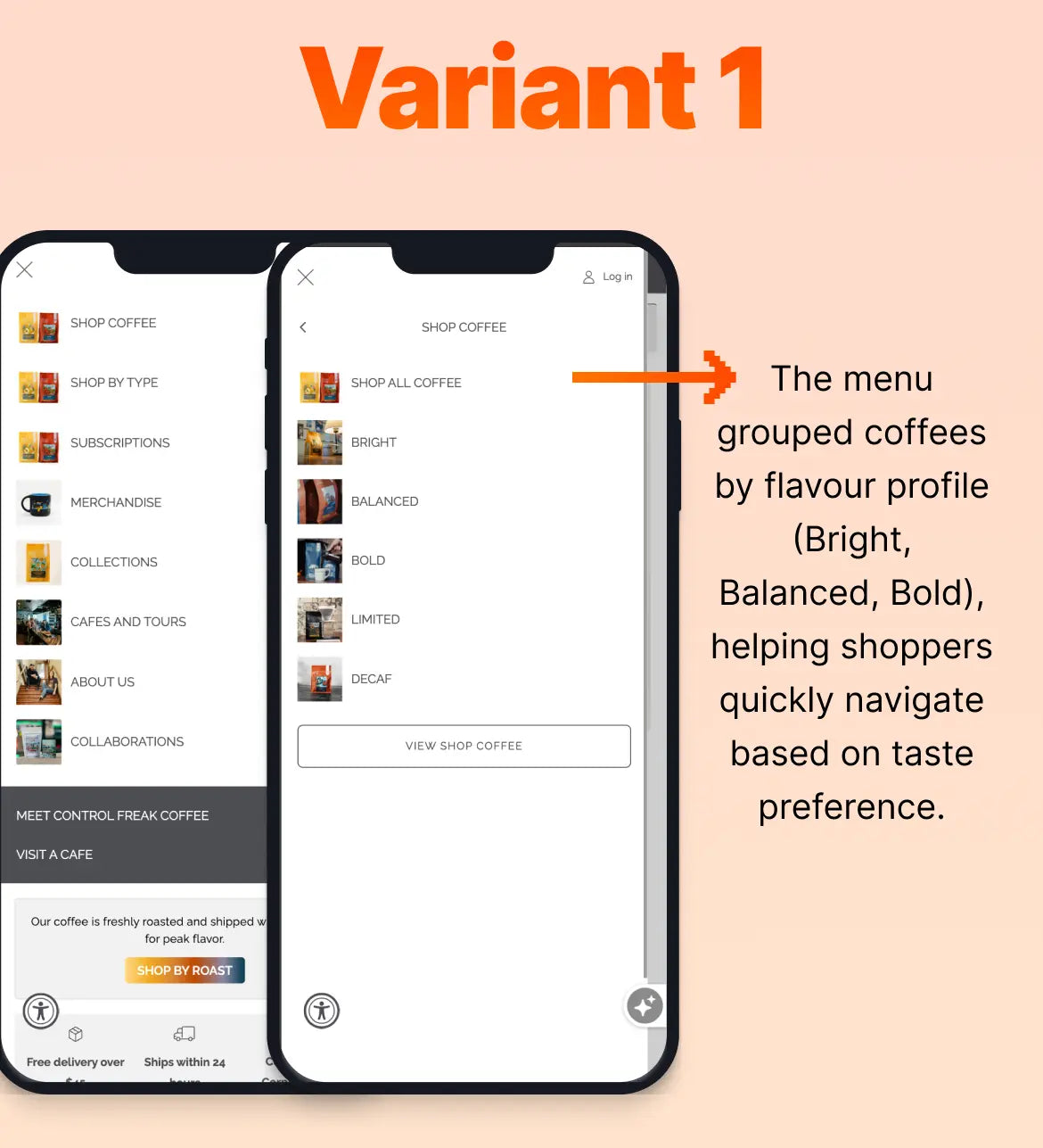 Phone screen showing a coffee website with menu grouped by flavor profile on a peach background.