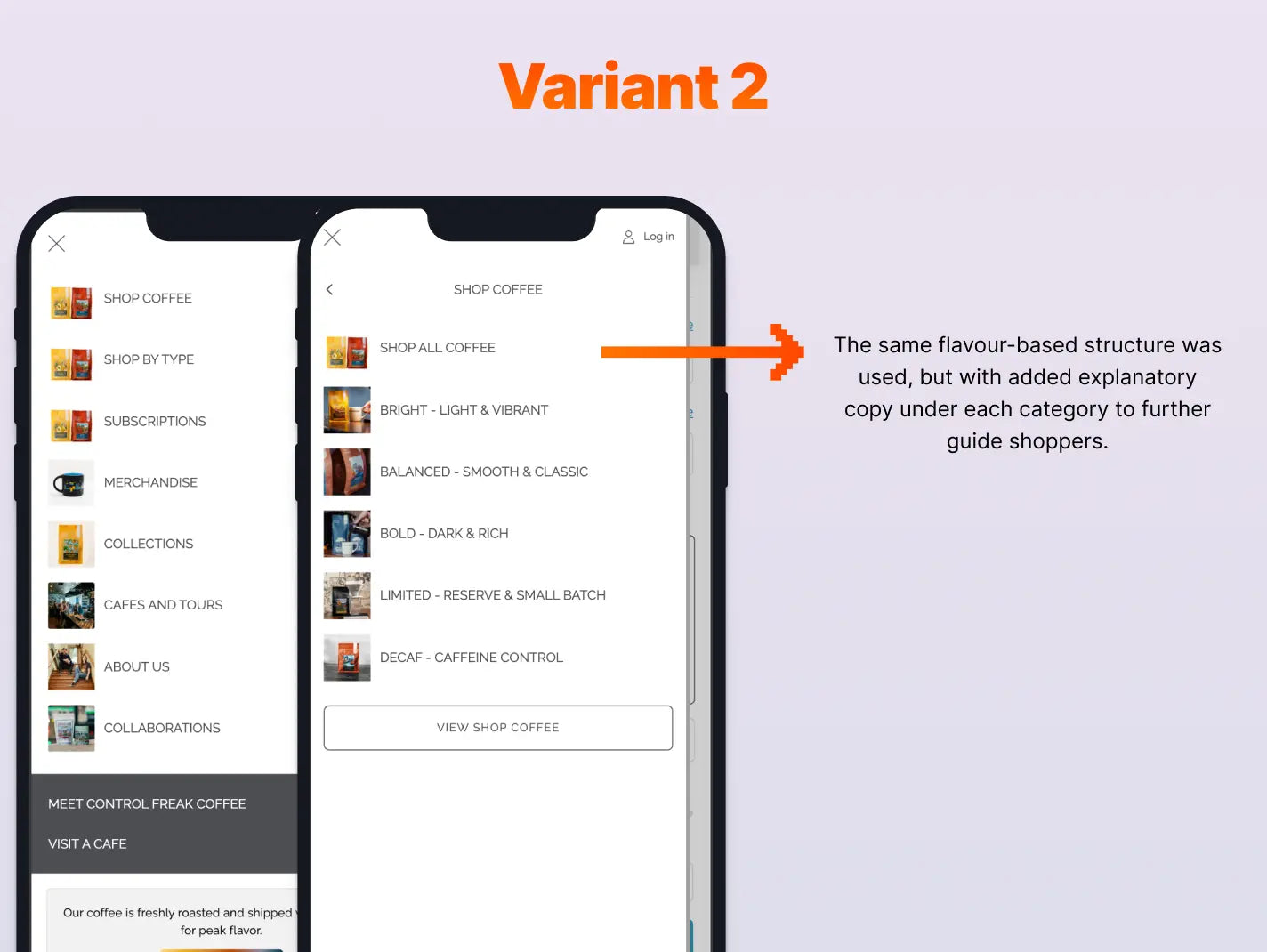 Two smartphone screens showing a coffee shop app webpage with explanatory text.