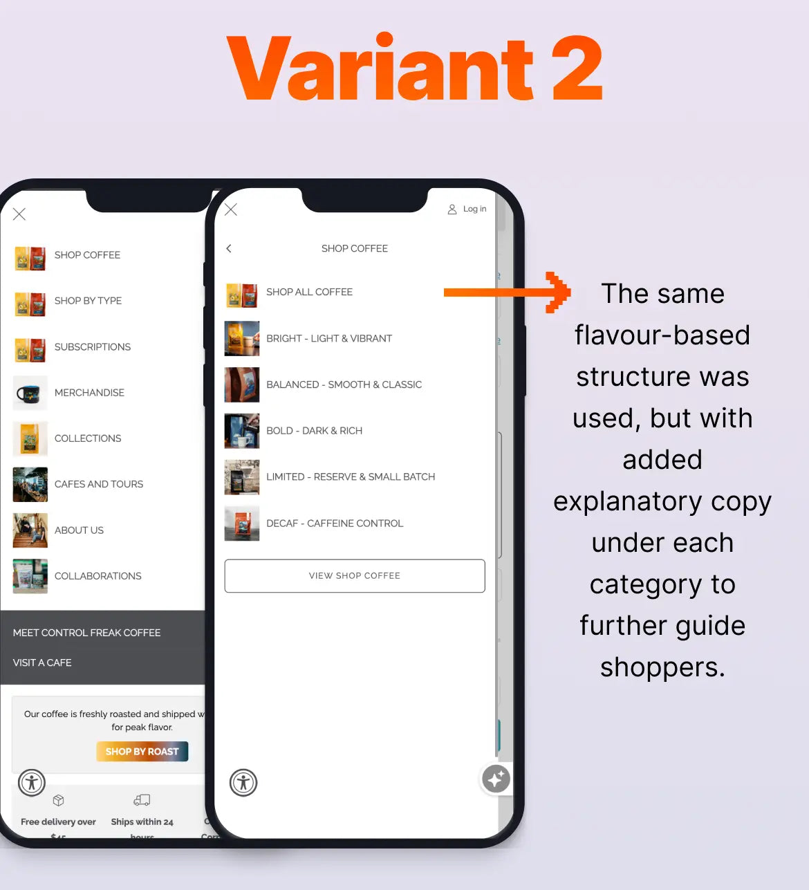 Two smartphone screens showing a coffee shop app interface with explanatory copy under categories.