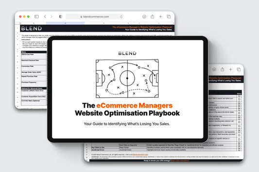 Tablet displaying 'The eCommerce Managers Website Optimisation Playbook' with a blurred background